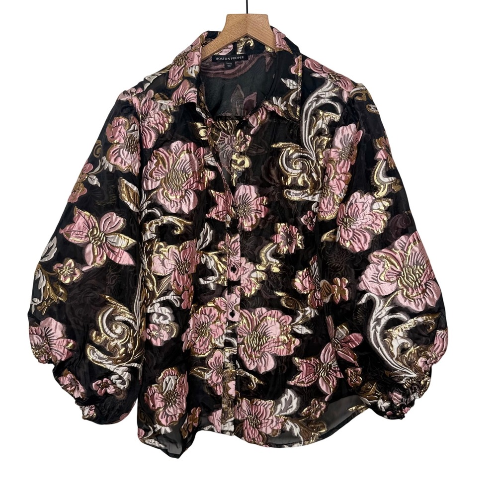 Floral Brocade Blouse XL Black Pink Gold Puff Sleeve Glam Regencycore Romantic